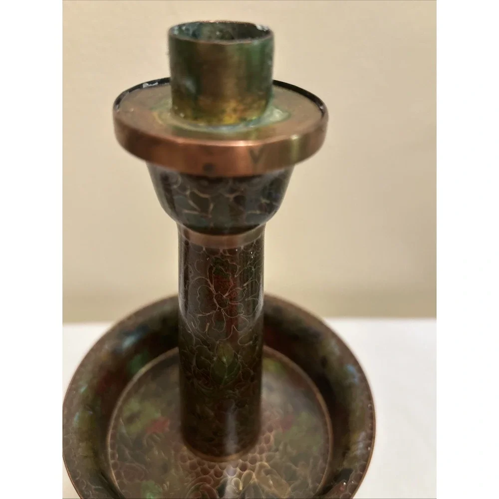 Vintage Chinese Cloisonne Floral Candlesticks Copper Brass 10.5 Inch Set of 2